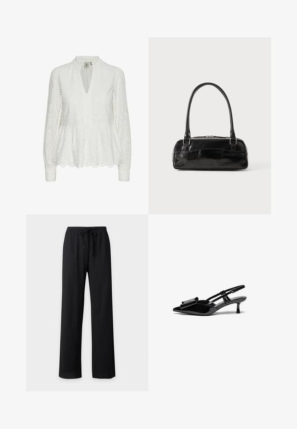Hvid broderet bluse med bølget kant, dyb V-udskæring, lange ærmer og indviklede udskæringsmønstre i hele stoffet.; Sorte vidde bukser med tekstur, elastisk linning og snøre foran, vist mod en ensfarvet baggrund.; Sorte patenterede læderslingbacks med spids tå, en sløjfedetalje foran og en lille stilettohæle. Remmene har justerbare spænder.; Sort læderhåndtaske med rektangulær form, der har et enkelt struktureret håndtag, sølvhardware og lynlås-lukning. Glat tekstur.