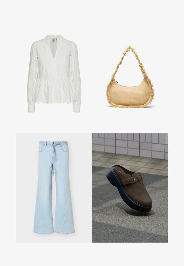 Blusa blanca bordada con un dobladillo de pico, escote profundo en V, mangas largas y patrones recortados intrincados a lo largo de la tela.; Vaqueros de pierna ancha azul claro con cordón y cierre de botón, bolsillos delanteros y trabillas para el cinturón, mostrados sobre un fondo blanco.; Zapato de ante marrón tipo slip-on con suela negra gruesa y hebilla lateral, flotando sobre un pavimento texturizado con fondo de muro de azulejos.; Bolso beige texturizado con forma redondeada, con un borde deshilachado a lo largo de los lados y una correa corta para llevar. Apertura con cremallera en la parte superior.