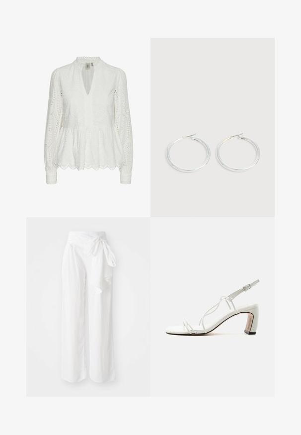 Witte geborduurde blouse met een scalloped zoom, diepe V-hals, lange mouwen en ingewikkelde uitsnijdingen door de stof.; Witte wijde broek van een zacht, lichtgewicht materiaal. Heeft een gestrikt elastiek en een vloeiende, gedrapeerde stijl voor optimale bewegingsvrijheid.; Witte sandaal met bandjes, vierkante neus, smalle zijriempjes, enkelsluiting en gebogen blokhak met zwarte rand onderaan.; Een paar glanzende zilveren oorringen met dunne draadafsluitingen, getoond op een lichtgrijze achtergrond.