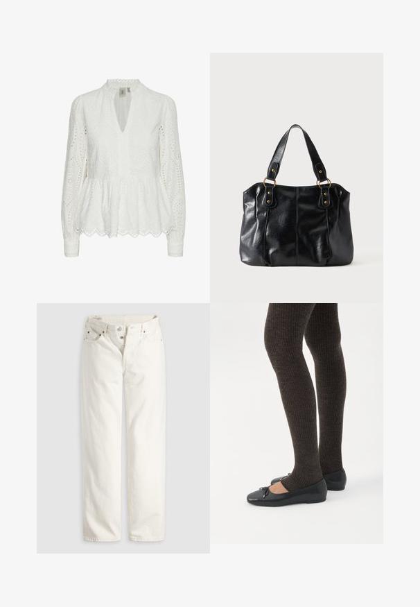 Blusa blanca bordada con un dobladillo de pico, escote profundo en V, mangas largas y patrones recortados intrincados a lo largo de la tela.; Vaqueros blancos de talle alto con pierna recta, cremallera de botones, bolsillos delanteros y traseros, y remaches de cobre visibles en las esquinas de los bolsillos.; Piernas con leggings oscuros acanalados combinados con bailarinas negras que presentan pequeños detalles de lazo sobre un fondo blanco.; Bolso de cuero negro para el hombro con doble asa unida por anillas y remaches dorados, superficie lisa y ligeramente brillante, diseño sencillo.