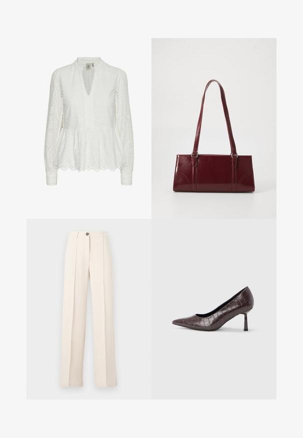 Hvid broderet bluse med bølget kant, dyb V-udskæring, lange ærmer og indviklede udskæringsmønstre i hele stoffet.; Beige vidde bukser med en glat tekstur, der har en knaplukning og to frontfolder. Ingen lommer er synlige i designet.; Brune kunstlæder stiletter med spidse tæer og krokodilletekstur, der har en slank, vinklet hæl og en glat inderside.; Bordeaux håndtaske lavet af glansfuldt materiale, rektangulær form, med to skulderremme og subtile buede detaljer på forsiden.