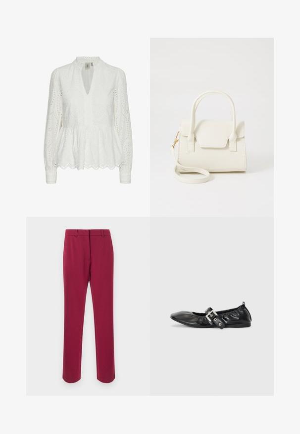 Blusa blanca bordada con un dobladillo de pico, escote profundo en V, mangas largas y patrones recortados intrincados a lo largo de la tela.; Pantalones burdeos hechos de tela lisa con corte recto, que cuentan con una pretina, trabillas para cinturón y bolsillos laterales. Sin detalles decorativos.; Zapato plano de piel negra con puntera afilada, detalle fruncido alrededor de la abertura y un acento de hebilla plateada en la correa ajustable.; Bolso pequeño blanco con doble asa, solapa frontal y correa de hombro desmontable con cierre dorado sobre fondo blanco liso.