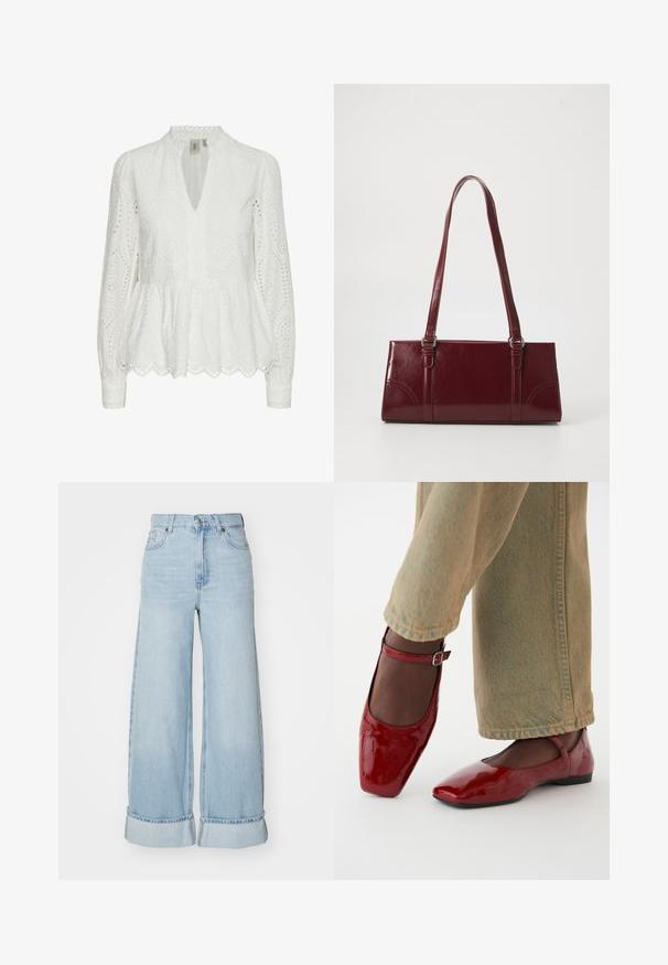 Witte geborduurde blouse met een scalloped zoom, diepe V-hals, lange mouwen en ingewikkelde uitsnijdingen door de stof.; Lichtblauwe wijde jeans met een hoge taille, opgerolde boorden en klassieke denim structuur. Heeft voorzakken en een ritssluiting.; Rode lakleren schoenen met een vierkante neus, lage hak en enkelbandje, gecombineerd met lichtgroene wijde jeans. Glad textuur, reflecterend oppervlak.; Bourgondische handtas van glanzend materiaal, rechthoekige vorm, met twee schouderbanden en subtiele gebogen accenten aan de voorkant.