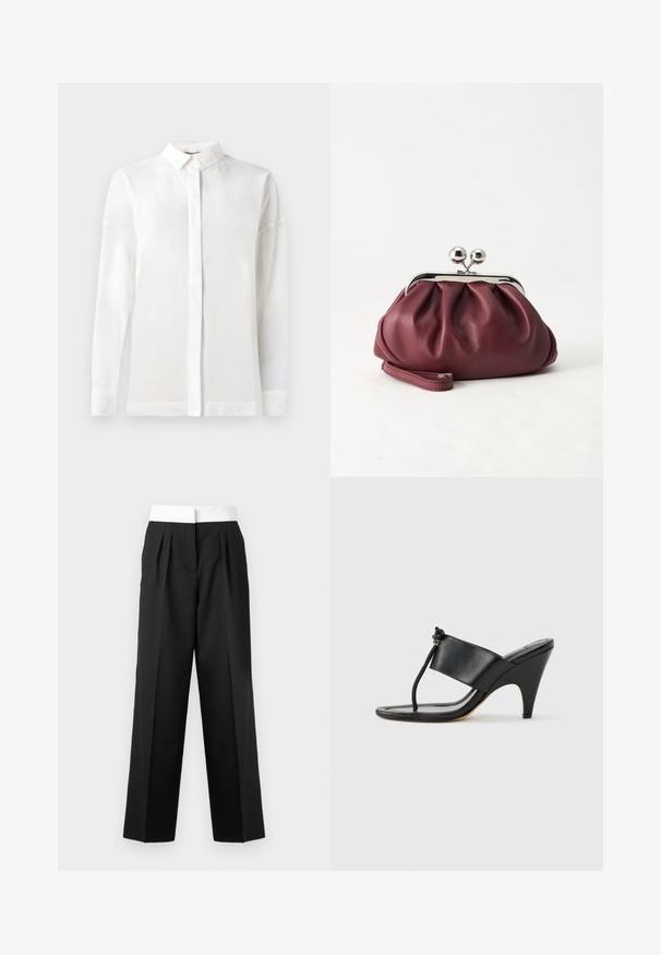 Chemise blanche à manches longues avec un col boutonné, texture lisse, coupe droite et patte de boutonnage cachée. Tissu doux et léger sans motifs.; Pantalons plissés noirs avec une large ceinture blanche, présentant une coupe droite et une texture lisse pour un look structuré.; Sandale noire à talon haut avec une large bride avant et une boucle d'orteil dotée d'un détail de corde nouée, vue de profil sur fond blanc.; Petit sac pochette en cuir bordeaux avec fermoir métallique argenté et bracelet sur fond blanc.