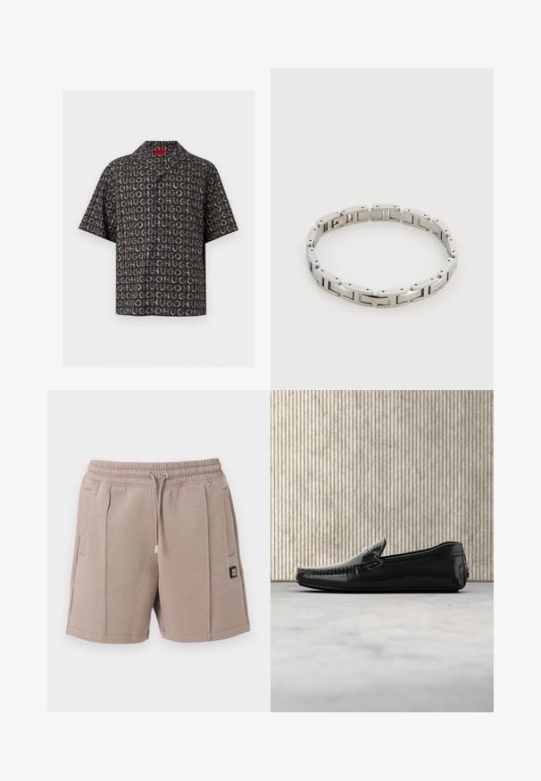 Chemise noire à manches courtes à boutons avec motif répétitif « HUGO » en tons gris et marron, étiquette rouge au col.; Short beige avec cordon de serrage, taille élastique, poches latérales, détails de couture à l'avant et petit patch logo noir sur la jambe gauche.; Mocassins en cuir noir avec une finition brillante, bout rond et quincaillerie décorative à l'avant. Semelle en caoutchouc à profil bas. Texture lisse.; Bracelet en métal argenté composé de segments rectangulaires reliés et d'un fermoir, posé à plat sur une surface blanche uni.