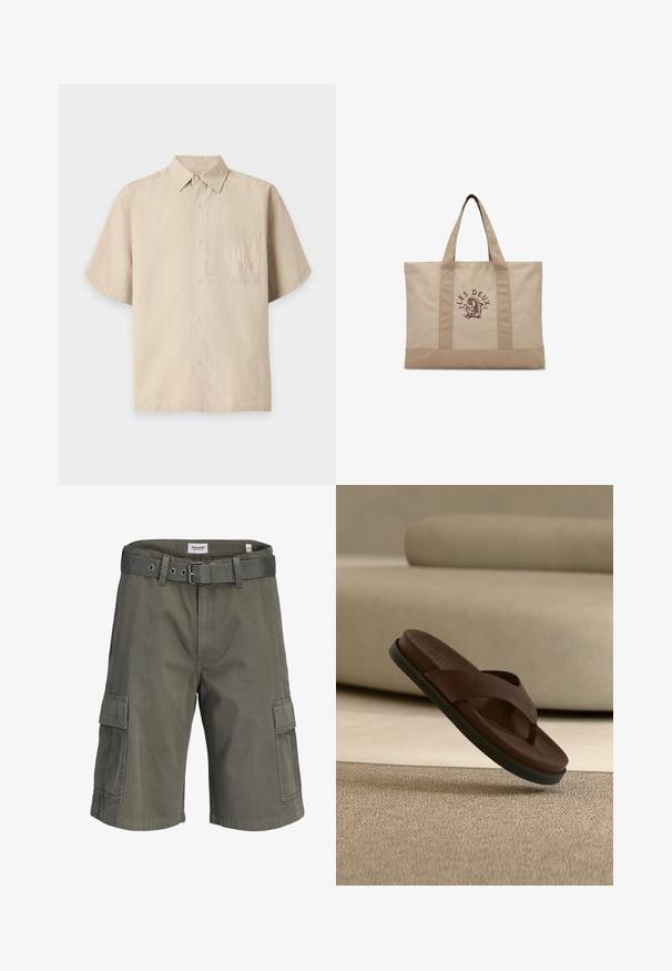 Camisa beige de manga corta con botones, cuello y bolsillo frontal con el logo bordado de GAP.; Pantalones cortos cargo verde oliva con bolsillos laterales con solapa y cinturón de tela a juego, mostrados sobre fondo blanco.; Sandalia de dedo de cuero marrón con suela negra suspendida sobre una alfombra beige en un entorno interior de tonos neutros.; Bolsa tote de lona beige con dos asas y texto ""LES DEUX"" y logotipo impresos en marrón oscuro en el centro delantero.