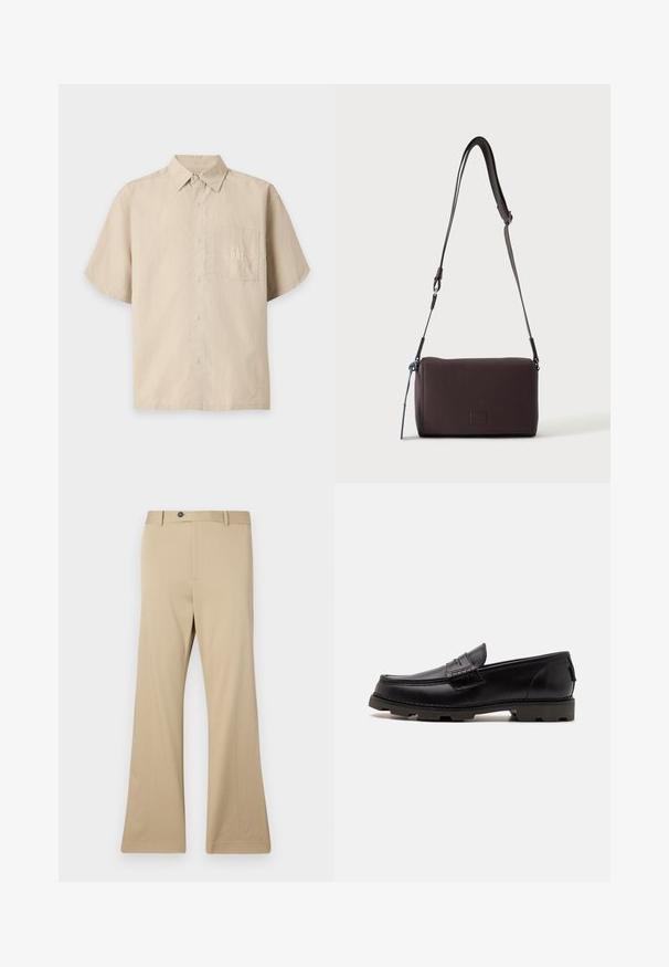 Chemise beige à manches courtes, boutonnée, avec col et poche avant affichant le logo GAP brodé.; Pantalons évasés beiges en tissu lisse. Dotés d'une fermeture à bouton, de poches avant et d'une coupe ajustée au niveau des hanches, s'élargissant vers une jambe large.; Mocassins en cuir noir avec un bout arrondi, des coutures décoratives et une semelle texturée pour une meilleure adhérence. Talon légèrement surélevé.; Sac bandoulière en cuir marron foncé texturé avec une sangle réglable et un petit accent décoratif bleu sur le côté.