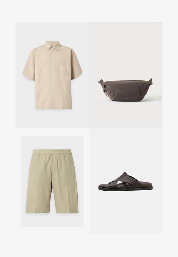 Chemise beige à manches courtes, boutonnée, avec col et poche avant affichant le logo GAP brodé.; Shorts beiges longueur genou avec une taille élastique et des poches latérales, fabriqués en tissu léger.; Stuart Weitzman BERKLEY - Mules - espresso; Sac banane en tissu marron foncé avec poche zippée en diagonale et petit logo blanc sur le devant, sur un fond clair uni.