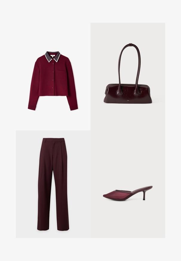 Chemise bordeaux courte avec un avant à boutons, col gris foncé contrastant, piping blanc et une poche à rabat sur le côté gauche.; Pantalon marron foncé taille haute sur mesure avec jambes droites et passants de ceinture, présenté sur un fond clair uni.; Chaussure mule bordeaux à bout pointu avec un petit talon stiletto et un matériau supérieur en maille sur fond blanc.; Sac à main en cuir brun foncé brillant avec de longues anses fines et une base rectangulaire structurée sur un fond clair uni.