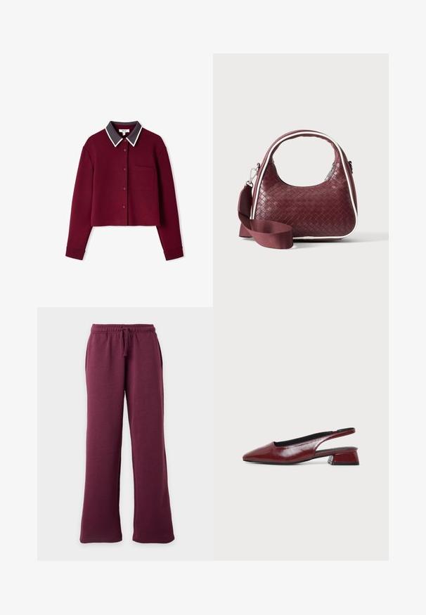 Chemise bordeaux courte avec un avant à boutons, col gris foncé contrastant, piping blanc et une poche à rabat sur le côté gauche.; Pantalon de survêtement bordeaux à jambes larges avec ceinture élastique et cordon, poches avant, présenté sur un fond clair uni.; Chaussure slingback en cuir marron avec bout pointu et petit talon carré, vue de profil sur fond clair uni.; Sac à main en cuir tressé marron foncé avec poignée courbée, garniture blanche, fermeture éclair argentée et bandoulière large en tissu amovible sur fond uni.