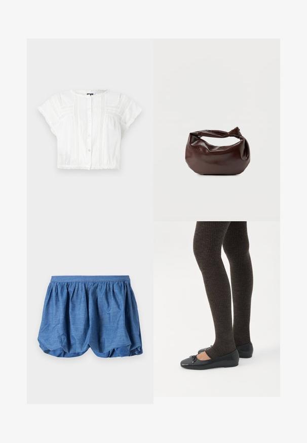 Witte gecropte blouse van lichtgewicht stof. Heeft korte mouwen, een knoopsluiting aan de voorkant, pintuck-details en kanten accenten op de schouders en de zoom.; Blauwe, lichtgewicht shorts met een geplooide elastische tailleband en een luchtig, gestructureerd ontwerp. Kenmerkt zich door een zachte stofafwerking met een relaxed fit.; Benen met donkere geribbelde leggings gecombineerd met zwarte ballerina's met kleine strikdetails op een witte achtergrond.; Donkerbruine leren schoudertas met een zachte, slungelige vorm en een gedraaide knoopvormige handgreep op een effen witte achtergrond.