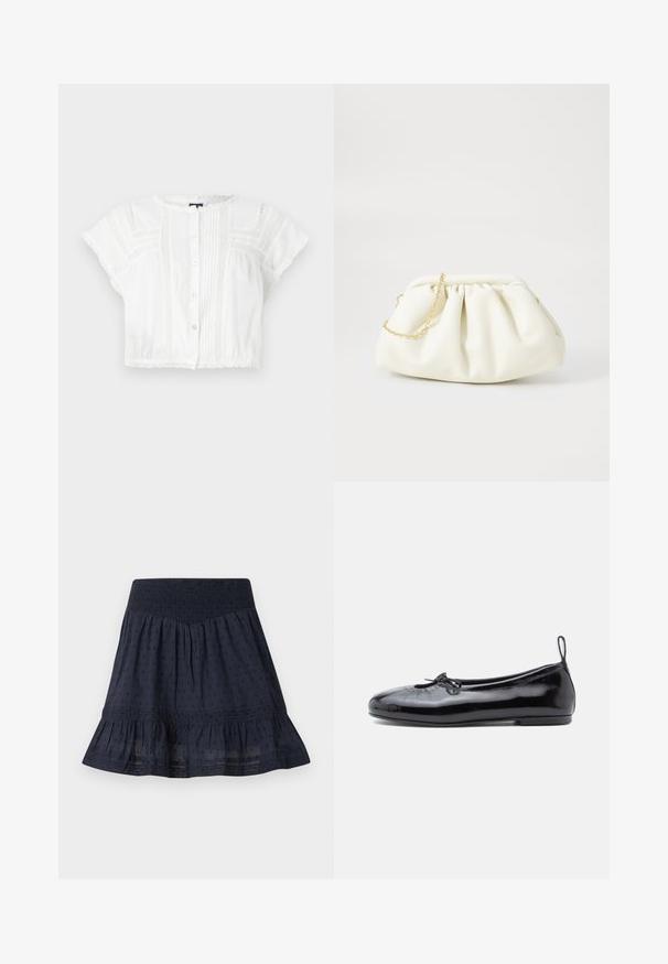 Hvid cropped bluse lavet af letvægtsstof. Har korte ærmer, knaplukning foran, pyntesyninger og blondeakkorder ved skuldre og kant.; Navyblå knælængde nederdel med elastisk smockpåsyet talje, subtilt prikmønster og flæsekant.; Sorte patenterede læder ballet flats med rund tå, lille sløjfedetalje og glat tekstur; har en lav flad sål og en træksløjfe ved hælen.; Hvid læderhåndtaske med en samlede design, forsynet med en guldkæde-strop og en rund form. Glat tekstur med bløde folder og ingen mønstre.