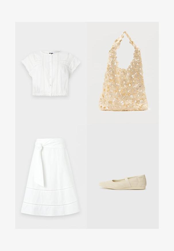 Hvid cropped bluse lavet af letvægtsstof. Har korte ærmer, knaplukning foran, pyntesyninger og blondeakkorder ved skuldre og kant.; Hvid A-formet nederdel med bredt taljebånd bundet i en sideknude og dekorative vandrette blonderindlæg nær skørtekanten.; Lysebrune ballet flats med en glat læderoverflade, mandelformet tå og elastisk rem over vristen, med diskrete syninger.; Beige hæklet shoppertaske med åbent blomsterdesign, der indeholder store og små blomster samt et enkelt løkkehåndtag.