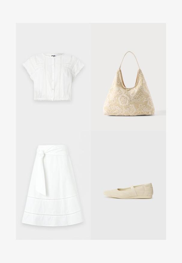 Hvid cropped bluse lavet af letvægtsstof. Har korte ærmer, knaplukning foran, pyntesyninger og blondeakkorder ved skuldre og kant.; Hvid A-formet nederdel med bredt taljebånd bundet i en sideknude og dekorative vandrette blonderindlæg nær skørtekanten.; Lysebrune ballet flats med en glat læderoverflade, mandelformet tå og elastisk rem over vristen, med diskrete syninger.; Kremfarvet stoftaske med hvidt blomsterhæklet mønster og en enkelt tynd skulderrem på ensfarvet baggrund.