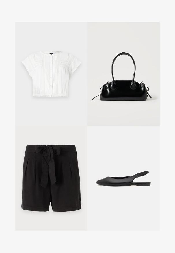Witte gecropte blouse van lichtgewicht stof. Heeft korte mouwen, een knoopsluiting aan de voorkant, pintuck-details en kanten accenten op de schouders en de zoom.; Zwarte katoenen shorts met een strikgordel in de taille, plooien aan de voorkant en zijzakken. Gladde textuur en casual ontwerp.; Zwarte leren slingback schoen met een spitse neus, platte hak en gebogen uitsnijdingen. Glad textuur en minimalistische stijl.; Kleine zwarte glanzende handtas met twee lange hengsels en zijkant trekkoord details op een effen lichte achtergrond.