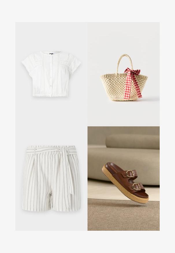 Witte gecropte blouse van lichtgewicht stof. Heeft korte mouwen, een knoopsluiting aan de voorkant, pintuck-details en kanten accenten op de schouders en de zoom.; Witte gestreepte shorts met grijze strepen, elastische tailleband en een gestrikt voorpaneel. Lichtgewicht stof met een relaxed fit.; Bruine leren instapsandaal met twee gouden gespen en een dikke geweven plateauzool op beige tapijt en bank achtergrond.; Gevlochten strooien tas met gevlochten handvatten en een rood-wit geruit lint dat aan één zijde in een strik is gebonden.