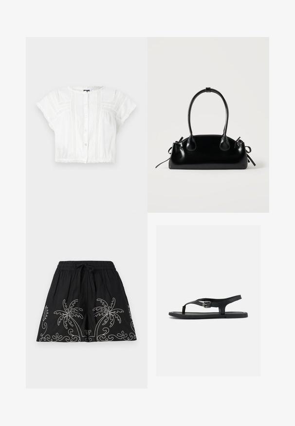 Hvid cropped bluse lavet af letvægtsstof. Har korte ærmer, knaplukning foran, pyntesyninger og blondeakkorder ved skuldre og kant.; Sorte bomuldsshorts med elastisk linning og snøre. Har hvide broderede palmetræsmotiver langs kanten.; Sort flad sandal med ankelrem, tæsepind og sølvspænde på glat sål, vist fra siden på hvid baggrund.; Lille sort blank håndtaske med to lange håndtag og snøre-detaljer i siden på en ensfarvet lys baggrund.