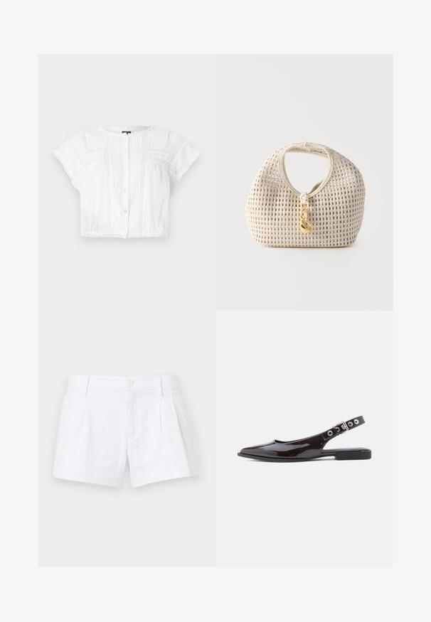 Witte gecropte blouse van lichtgewicht stof. Heeft korte mouwen, een knoopsluiting aan de voorkant, pintuck-details en kanten accenten op de schouders en de zoom.; Witte linnen shorts met plooien, een knoopsluiting en zijzakken. Heeft een tailormade snit en een gladde textuur.; Zwarte slingback platte schoenen van lakleer met een puntige neus, platte hak en verstelbare band met zilverkleurige hardware en oogdetail.; Crèmekleurige geweven handtas met afgeronde vorm, korte handgreep en decoratieve goudkleurige gesp die aan de voorkant in het midden hangt.