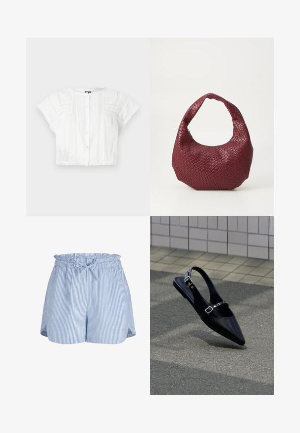 Witte gecropte blouse van lichtgewicht stof. Heeft korte mouwen, een knoopsluiting aan de voorkant, pintuck-details en kanten accenten op de schouders en de zoom.; Lichtblauwe en witte verticale gestreepte damesshorts met elastische tailleband en vooraan vastgeknoopt trekkoord.; Zwarte platte slingback met spits toelopende neus en dubbele gespsluitingen, rustend op grijs asfalt bij een achtergrond van betegelde muur.; Geweven bordeaux handtas met een afgeronde silhouet, een enkele handgreep en een gestructureerde afwerking. Ritssluiting aan de bovenkant.