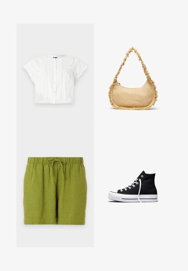 Witte gecropte blouse van lichtgewicht stof. Heeft korte mouwen, een knoopsluiting aan de voorkant, pintuck-details en kanten accenten op de schouders en de zoom.; Groene linnen shorts met een elastische tailleband en verstelbare koord, met een relaxte pasvorm en rechte zoom.; Zwarte hooggesloten canvas sneaker met witte rubberen zool en witte veters, zijwaarts weergegeven op een witte achtergrond.; Geverfde beige tas met een ronde vorm, rafelige rand langs de randen en een korte schouderband. Ritsopening aan de bovenkant.