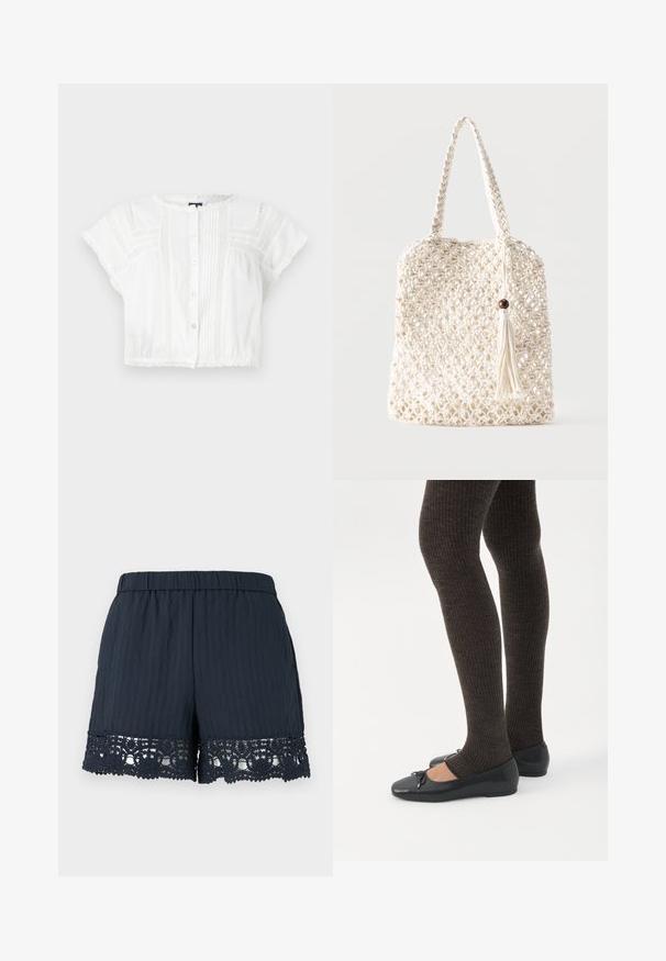 Hvid cropped bluse lavet af letvægtsstof. Har korte ærmer, knaplukning foran, pyntesyninger og blondeakkorder ved skuldre og kant.; Marineblå dame-shorts med elastisk talje og blomstret blondekant langs kanten mod en lys, ensfarvet baggrund.; Ben iført mørke ribbede leggings kombineret med sorte balletsko med små sløjfedetaljer på hvid baggrund.; Hvid vævet bomuldsnet med flettede håndtag og en hængende kvast med en træperle.