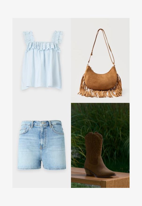 Haut sans manches bleu clair avec des bretelles froncées et un col froncé. Fabriqué en tissu léger, il présente des textures douces et une coupe ample.; Shorts en denim bleu clair, présentant une taille haute, un design classique à cinq poches, et un ourlet effiloché avec une texture légèrement délavée.; Botte de cow-boy en daim marron avec coutures décoratives, bout pointu et talon bas incliné, exposée sur un banc en bois en extérieur.; Sac d'épaule en daim marron en forme de croissant avec une longue bandoulière et des franges le long des bords inférieurs sur fond blanc.