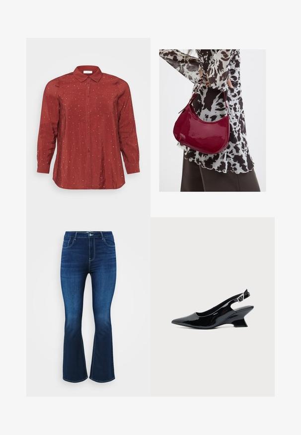 Rød langærmet skjorte i et let og glat stof med knapkrave, to frontlommer og sølvprikkede detaljer.; Mørkeblå bootcut jeans lavet af denim, med fem lommer, lynlås og knaplukning samt kontrastsyninger langs sømmene.; Sort laklæder slingback sko med spids tå og lav vinklet blokhæl på ensartet lys baggrund.; Kvinde iført en sort- og hvidmønstret bluse, der holder en blank rød skuldertaske mod en ensfarvet baggrund.