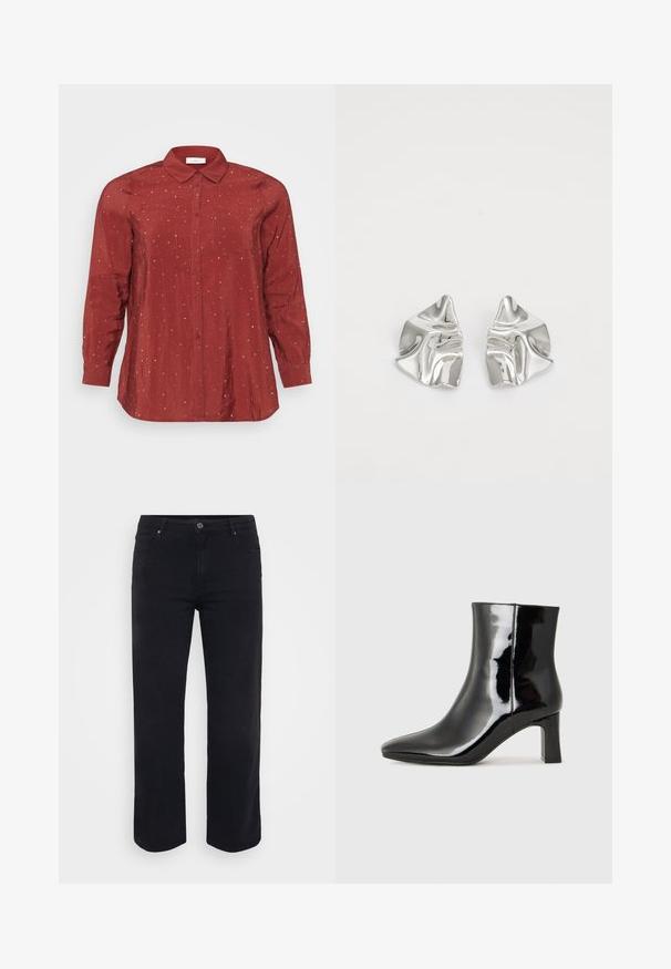 Rotes Langarmhemd aus einem leichten, glatten Stoff mit einem Button-Down-Kragen, zwei Fronttaschen und silbernen Pünktchenverzierungen.; Schwarze Denim-Jeans mit einem geraden Bein-Design. Merkmale sind ein Knopfverschluss an der Taille, Gürtelschlaufen und Vorder-/Gesäßtaschen. Glatte Textur.; Schwarzer Lackleder-Stiefelette mit spitzer Zehe und einem mittelhohen Blockabsatz. Glatte Textur und minimalistisches Design.; Silberne Metallohrringe mit einem wellenförmigen, skulpturalen Design, das eine polierte Oberfläche und unregelmäßige Formen aufweist, die eine zeitgenössische Ästhetik betonen.