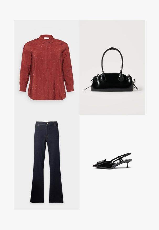 Camisa roja de manga larga en una tela ligera y suave, con cuello abotonado, dos bolsillos delanteros y adornos de puntos plateados.; Vaqueros de denim azul oscuro con cintura alta y piernas acampanadas, con bolsillos delanteros, botón y cierre de cremallera.; Zapatos de tacón slingback de charol negro con punta afilada, detalle de lazo en el frente y un pequeño tacón de aguja. Las correas tienen hebillas ajustables.; Pequeño bolso negro brillante con dos asas largas y detalles de cordón lateral sobre un fondo claro liso.