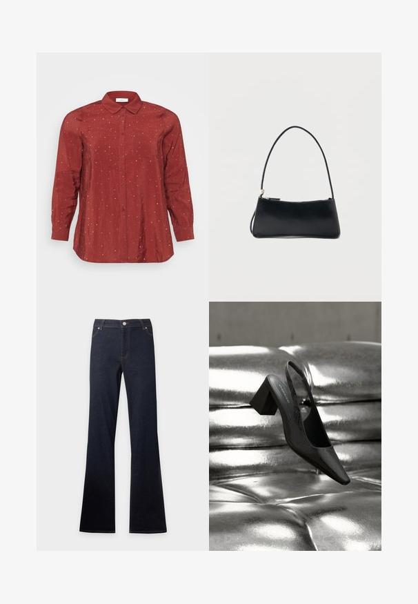 Rød langærmet skjorte i et let og glat stof med knapkrave, to frontlommer og sølvprikkede detaljer.; Mørkeblå denimjeans med høj talje og udvidede ben, med frontlommer, knap og lynlåslukning.; Sort slingback-hæl med spids tå, der har en tekstureret overflade og en chunky blokhæl. Lagt mod en skinnende, metallisk baggrund.; Sort rektangulær håndtaske med tynd skulderrem og lynlåslukning, sat mod en enkel hvid baggrund.