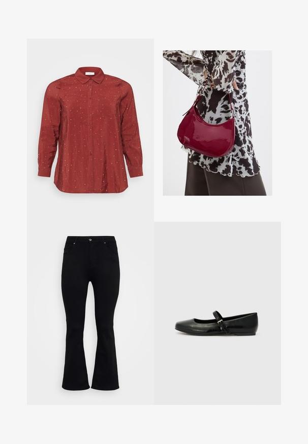 Rotes Langarmhemd aus einem leichten, glatten Stoff mit einem Button-Down-Kragen, zwei Fronttaschen und silbernen Pünktchenverzierungen.; ONLY Carmakoma Flared fit CARWILLY High waist - Flared Jeans - black denim; Schwarze Leder-Ballerinas mit einer runden Spitze, einer flachen Sohle und einem dünnen, verstellbaren Riemen über dem Spann mit einer Metallschnalle.; Frau trägt eine schwarz-weiß gemusterte Bluse und hält eine glänzende rote Schultertasche vor einem einfarbigen Hintergrund.