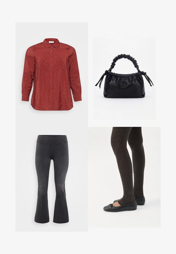Rød langærmet skjorte i et let og glat stof med knapkrave, to frontlommer og sølvprikkede detaljer.; ONLY Carmakoma Flared fit CARROYAL Mid waist - Flared jeans - washed black; Ben iført mørke ribbede leggings kombineret med sorte balletsko med små sløjfedetaljer på hvid baggrund.; Sort taske med krokodilletekstur, rynket øverste kant, samlet hank og snore med kvaster på hver side mod en hvid baggrund.