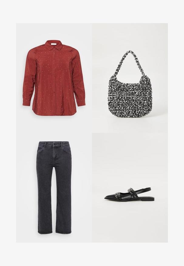 Rotes Langarmhemd aus einem leichten, glatten Stoff mit einem Button-Down-Kragen, zwei Fronttaschen und silbernen Pünktchenverzierungen.; Schwarze Denim-Jeans mit geradem Bein, fünf Taschen und einem Knopfverschluss. Der Stoff hat eine leicht ausgewaschene Textur und eine robuste Naht.; Even&Odd by Zalando Sling-Ballerina - black; Gewebte Handtasche in Schwarz und Weiß mit runder Form, strukturiertem Oberflächenfinish und geflochtener Grifffläche. Geeignet für den lässigen Gebrauch.