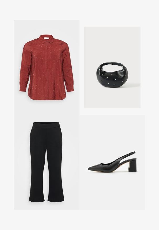 Rotes Langarmhemd aus einem leichten, glatten Stoff mit einem Button-Down-Kragen, zwei Fronttaschen und silbernen Pünktchenverzierungen.; Schwarze, ausgestellte Hosen mit einer glatten, dehnbaren Textur. Verfügt über einen breiten Bund und gerippte Akzente an den Seitentaschen.; Schwarze Leder-Slingback-Pumps mit spitzem Zehenbereich, einem Auschnitt-Design und einem klobigen Blockabsatz. Glatte Textur mit einem minimalistischen Ästhetik.; Schwarze Lederhandtasche mit abgerundeter Form, verziert mit silbernen Nietenakzenten und kurzem Griff. Glatte Struktur und Reißverschlussverschluss.