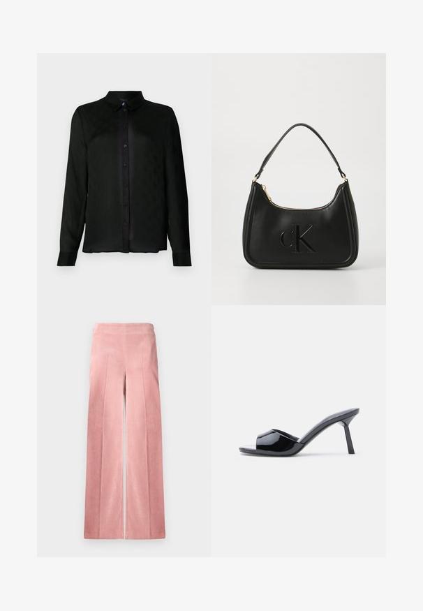 Camisa negra de manga larga con cuello, que presenta un sutil patrón texturizado y botones negros a lo largo del placket frontal.; Pantalones de pana de pierna ancha en color rosa pálido, con acanalados verticales y una cintura ajustada. Textura suave con una silueta relajada.; Sandalias de tacón con punta abierta de charol negro, con un diseño superior curvado y tacón de aguja cónico. Acabado liso y brillante.; Bolso de mano de cuero negro con forma curva, que presenta una cremallera dorada y un sutil logo "cK" en relieve. Textura suave y un solo asa.