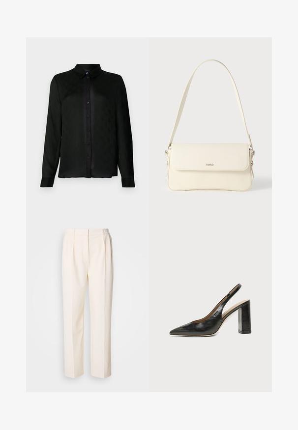 Camisa negra de manga larga con cuello, que presenta un sutil patrón texturizado y botones negros a lo largo del placket frontal.; Lacoste Pantalones - lapland; Zapato slingback de piel negra con puntera puntiaguda, tacón alto y ancho, y forro interior beige sobre un fondo claro y liso.; Bolso de hombro de cuero color crema con cierre de solapa, herrajes plateados, una sola correa ajustable y detalles sutiles con el logo.