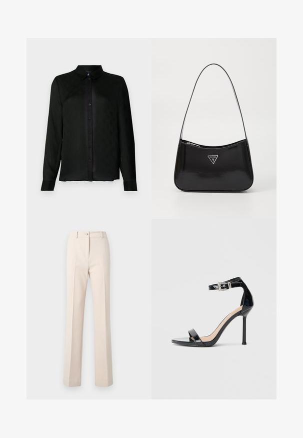 Camisa negra de manga larga con cuello, que presenta un sutil patrón texturizado y botones negros a lo largo del placket frontal.; Pantalones beiges a medida con pernera recta, que cuentan con cierre de botón, pinzas frontales y una textura suave.; Sandalia de tacón alto en piel sintética negra con correa en el tobillo. Presenta un diseño minimalista, punta abierta y una hebilla con detalles de pedrería.; Bolso de hombro de charol negro con forma curva, que presenta un logotipo triangular plateado y un cierre de cremallera. Textura suave y correa delgada.
