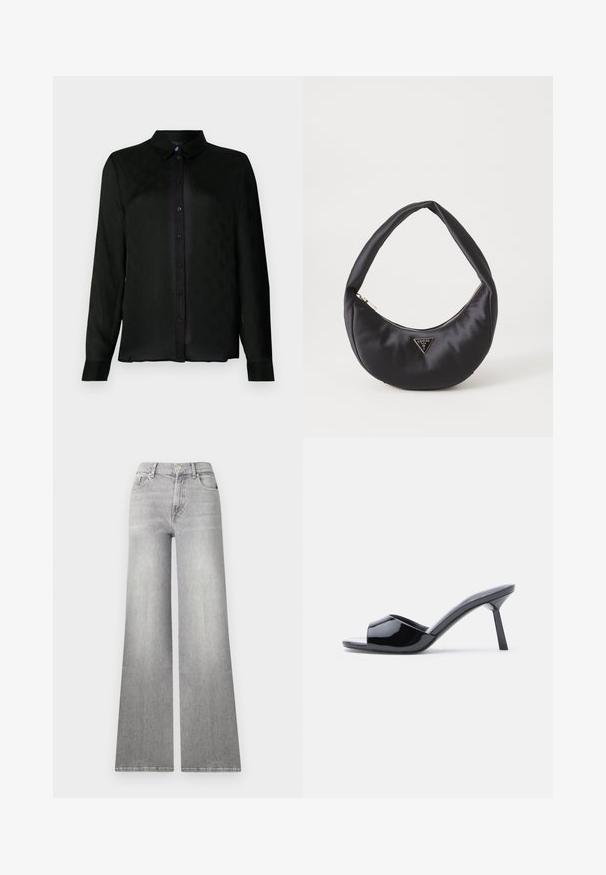 Schwarzes langärmliges Button-up-Hemd mit Kragen, das ein dezentes strukturiertes Muster und schwarze Knöpfe entlang der Vorderseite aufweist.; Weite graue Denim-Jeans mit einem verwaschenen Finish, Vordertasche und Knopfverschluss. Sie verfügen über ein gerades Bein und einen klassischen Saum.; Schwarze Sandalen mit Absatz aus Lackleder, offenem Zehenbereich, mit geschwungenem Obermaterial und spitz zulaufendem Stilettoabsatz. Glatte, glänzende Oberfläche.; Schwarze Satin-Handtasche mit geschwungener Form, ausgestattet mit einem Reißverschluss und einem dreieckigen Metallsymbol auf der Vorderseite. Glatte Textur und elegantes Design.