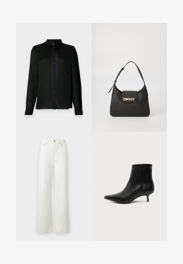 Schwarzes langärmliges Button-up-Hemd mit Kragen, das ein dezentes strukturiertes Muster und schwarze Knöpfe entlang der Vorderseite aufweist.; Samsøe Samsøe SHELLY - Jeans Relaxed Fit - clear cream; Schwarzer Leder-Knöchel-Stiefel mit spitzer Spitze und niedrigem Kittenabsatz vor hellem Hintergrund, seitliche Ansicht.; Schwarze Leder-Umhängetasche mit einer strukturierten Form, die ein goldfarbenes "DKNY"-Logo auf der Vorderseite und einen kurzen, verstellbaren Trageriemen hat.