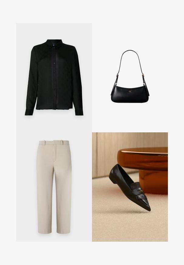 Camisa negra de manga larga con cuello, que presenta un sutil patrón texturizado y botones negros a lo largo del placket frontal.; Pantalones cortos beige, diseño entallado, con frente plano y cremallera oculta, dos bolsillos laterales, hechos de una suave tela de mezcla de algodón.; Mocasín de cuero negro con punta puntiaguda y detalle de flecos, colocado sobre una alfombra beige cerca de una mesa redonda de cristal naranja.; Mini bolso negro de cuero para hombro con correa delgada y pequeño logo dorado CK en el centro frontal.