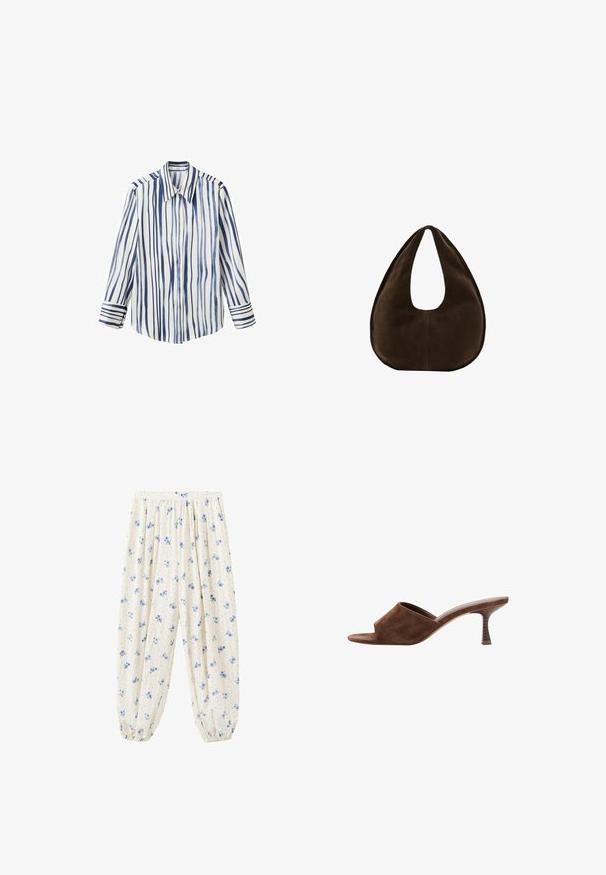 Chemise à boutons rayée blanche et bleu marine, avec des lignes verticales, un col classique et des poignets rayés contrastants. Texture lisse.; Pantalon ample couleur crème avec motif floral bleu, froncé à la taille et avec des poignets élastiques aux chevilles.; Mule en daim marron à bout ouvert, talon en bois incurvé de hauteur moyenne et design à enfiler sur fond blanc.; Sac à main en daim marron foncé en forme de croissant avec une seule sangle large et une texture lisse sur fond blanc.
