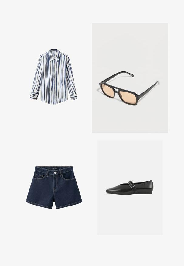Chemise à boutons rayée blanche et bleu marine, avec des lignes verticales, un col classique et des poignets rayés contrastants. Texture lisse.; Short en jean bleu foncé avec bouton à l'avant, fermeture éclair, passants de ceinture et deux poches avant sur fond blanc uni.; Chaussure plate en cuir noir avec un orteil pointu, présentant une sangle à boucle métallique sur le cou-de-pied et une semelle basse et flexible.; Lunettes de soleil rectangulaires noires avec des verres fins teintés beige et un pont en forme de trou de serrure, marquées ALDO sur la branche.