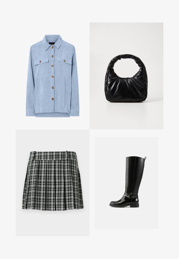 Chemise en velours côtelé bleu clair à boutons, manches longues, deux poches poitrine avec rabats à boutons, et col classique.; Jupe plissée à carreaux noir et blanc avec une taille lisse et de multiples plis verticaux. Fabriquée en tissu léger.; Bottes noires montantes en cuir verni, avec un détail de boucle argentée à la cheville et une conception à bout arrondi. Semelle plate.; Sac à main noir rembourré avec une poignée arrondie, présentant une surface lisse et brillante ainsi qu'une texture douce et matelassée. Pas de quincaillerie ou d'accents visibles.
