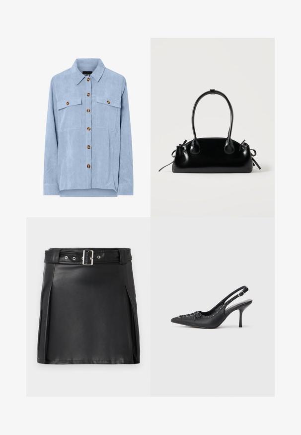 Chemise en velours côtelé bleu clair à boutons, manches longues, deux poches poitrine avec rabats à boutons, et col classique.; Jupe mini en faux cuir noir avec un design ajusté, des plis latéraux et une ceinture avec une boucle argentée et des œillets. Texture lisse, taille haute.; Escarpin en cuir noir à talon aiguille avec un bout pointu, une bride latérale à boucle, des clous le long du bord et un laçage décoratif à l'avant.; Petit sac à main noir brillant avec deux longues anses et des détails à cordon sur les côtés sur un fond clair uni.