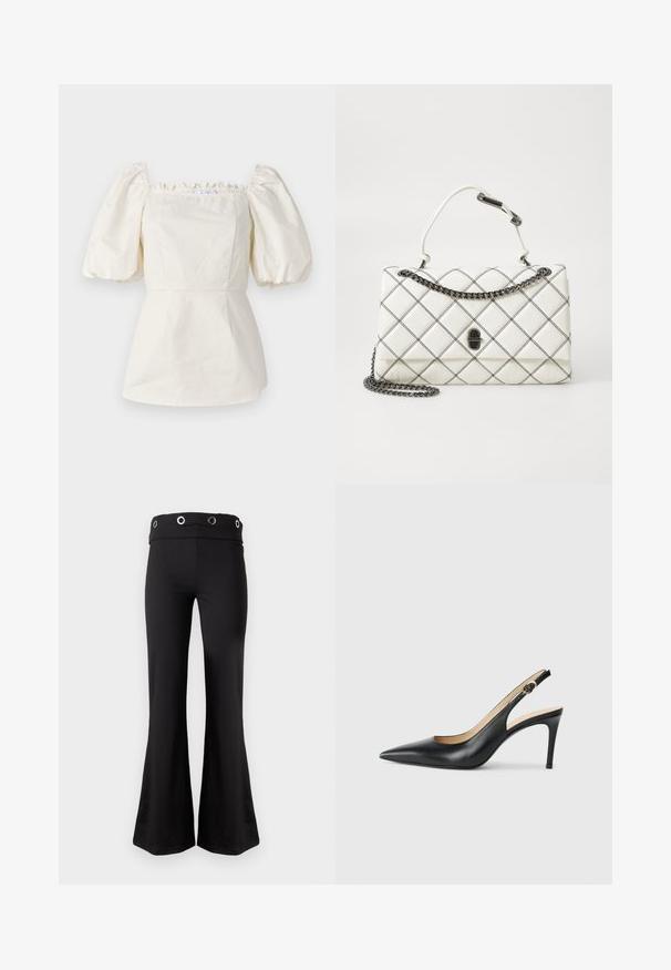 Blouse en coton blanc avec des manches courtes bouffantes, décolleté carré et finitions en volants. Corsage ajusté avec un détail d'ourlet en style péplum.; Pantalon noir évasé avec une large ceinture présentant quatre œillets argentés, affiché sur un fond uni.; Escarpins en cuir noir avec une pointe fine, une bride ajustable et un talon aiguille élégant, présentant une finition lisse.; Sac à main matelassé blanc avec des coutures noires, doté d'une chaîne et d'un fermoir logo noir. Texture lisse et design rectangulaire.