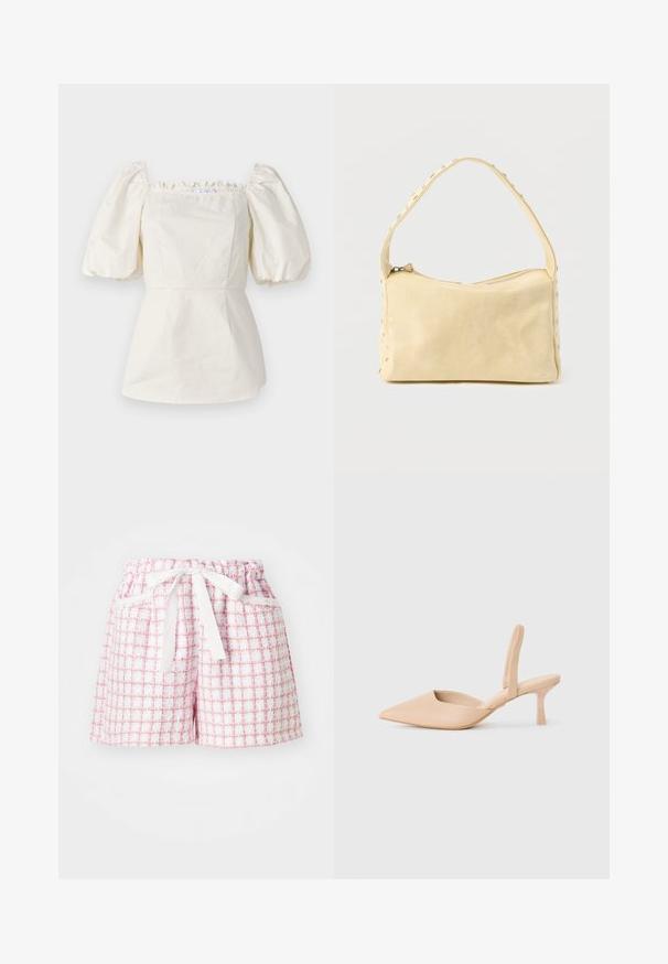 Blouse en coton blanc avec des manches courtes bouffantes, décolleté carré et finitions en volants. Corsage ajusté avec un détail d'ourlet en style péplum.; Shorts à carreaux blancs et roses avec un tissu texturé, dotés d'une taille élastique et d'un nœud attaché à l'avant. Deux poches latérales.; Chausson slingback beige à bout pointu avec un petit talon carré. Matériau synthétique lisse, côtés ouverts et détails de design minimalistes.; Petit sac à main en cuir beige avec une seule bandoulière et des clous argentés le long des bords et de la bandoulière, posé sur un fond uni.