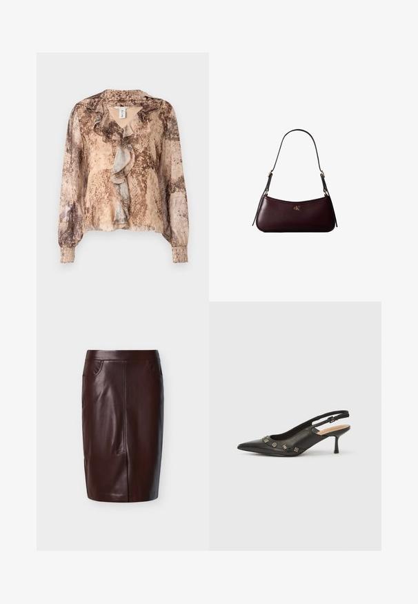 Langærmet bluse med slangehudsmønster i nuancer af beige og brun, med en flæset front og sammensnørede ærmer. Blødt, letvægts stof.; Brun læderblyantskørt med glat tekstur, med to sidelommer og syninger foran, designet til en tætsiddende pasform.; Sort slingback-pumpe i læder med spids tå, lille hæl og dekorative metalakcenter langs frontåbningen. Glat tekstur.; Mørk bordeaux læderhåndtaske med en tynd sort skulderrem og lille gyldent "cK" logo foran i midten.