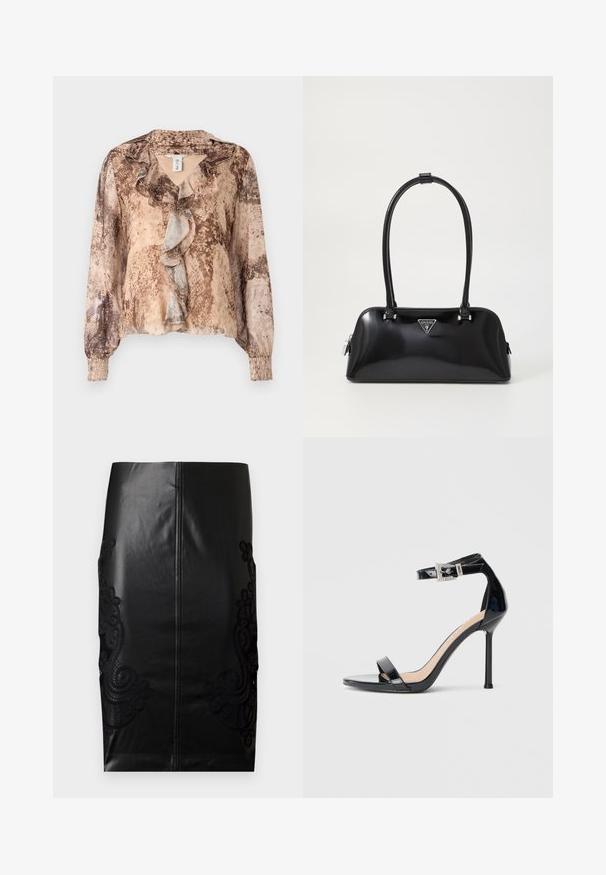 Blusa de manga larga con estampado de piel de serpiente en tonos beige y marrón, que presenta un frente con volantes y mangas fruncidas. Tela suave y ligera.; Falda de lápiz de cuero negra con intrincados bordados de encaje negro en los lados, parte trasera sin costuras y textura suave. Ajuste y silueta clásicos.; Sandalia de tacón alto en piel sintética negra con correa en el tobillo. Presenta un diseño minimalista, punta abierta y una hebilla con detalles de pedrería.; Bolso de mano negro brillante con una silueta curva, dos asas y una placa de logo en la parte frontal. Cierre de cremallera y acentos de hardware brillante.