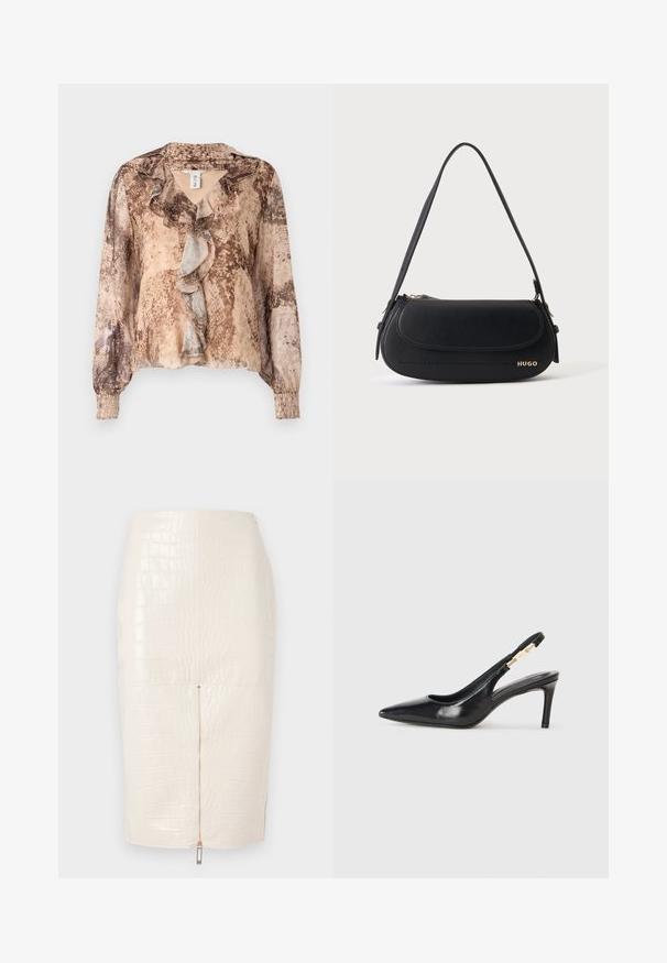 Langærmet bluse med slangehudsmønster i nuancer af beige og brun, med en flæset front og sammensnørede ærmer. Blødt, letvægts stof.; Krokodille-embossed kunstlæder blyantskørt i cremefarvet, med lynlås bagpå og en glat, blank overflade.; Sort læder slingback højhælede sko med spidse tæer, glat overflade og en smal ankelrem med guldfarvede hardware detaljer.; Sort skuldertaske i læder med buet klap, guld "HUGO" logo på forsiden og enkelt justerbar strop.