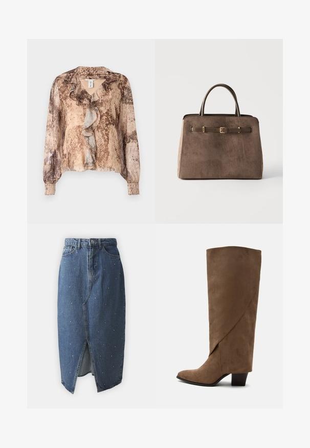 Langærmet bluse med slangehudsmønster i nuancer af beige og brun, med en flæset front og sammensnørede ærmer. Blødt, letvægts stof.; Denim midi-nederdel med en frontal slids, prydet med små rhinsten. Har en belagt talje og klassisk fem-lomme design.; Brun ruskind knehøj støvle med en foldet detalje og en mellemhøj blokhæl, vist fra siden på en hvid baggrund.; Brun ruskindshåndtaske med to håndtag og en dekorativ læderrem med guldfarvet spænde foran, på en ensfarvet baggrund.
